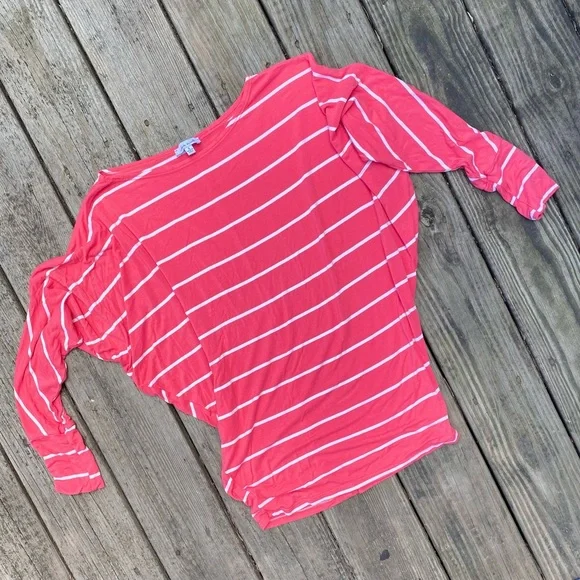 Bright Coral and White Stripe Dolman-Style Top | Legging Friendly | Size M - Picture 3 of 7